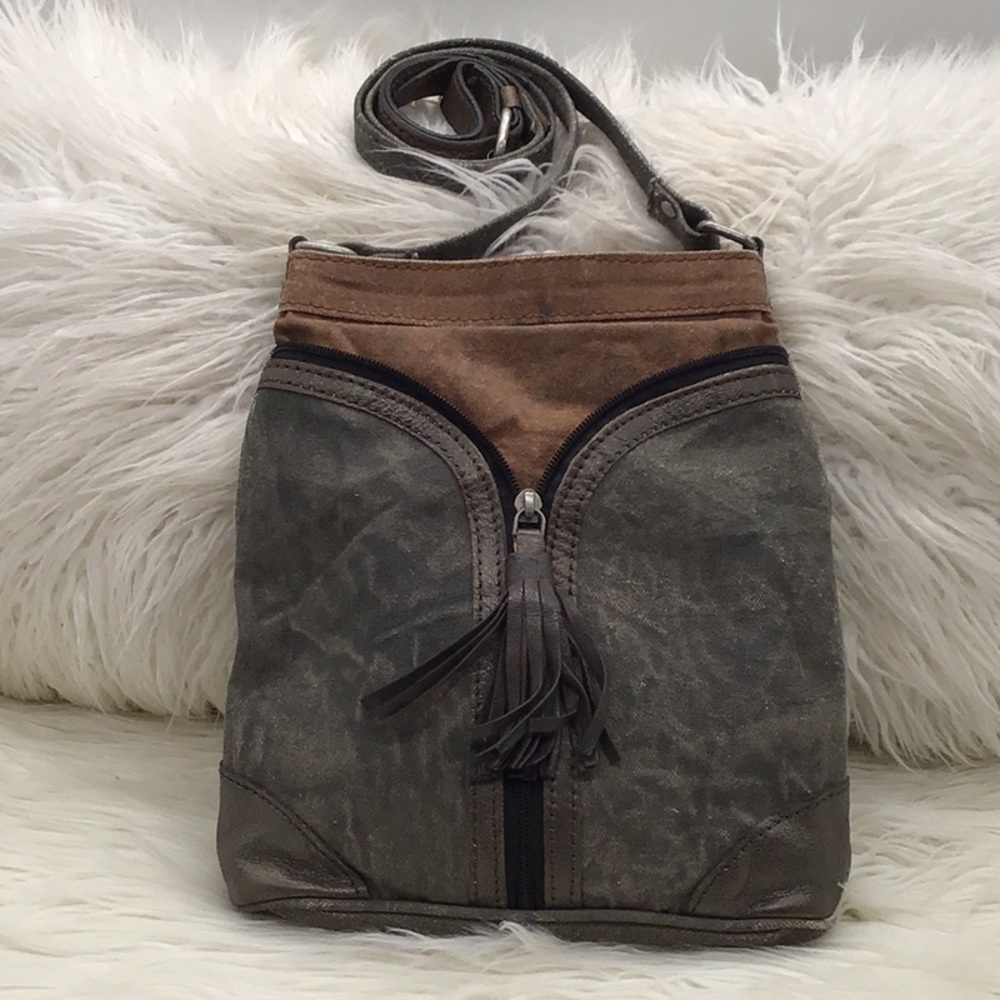 Mona B Upcycle Gray/Brown Canvas Crossbody Bag